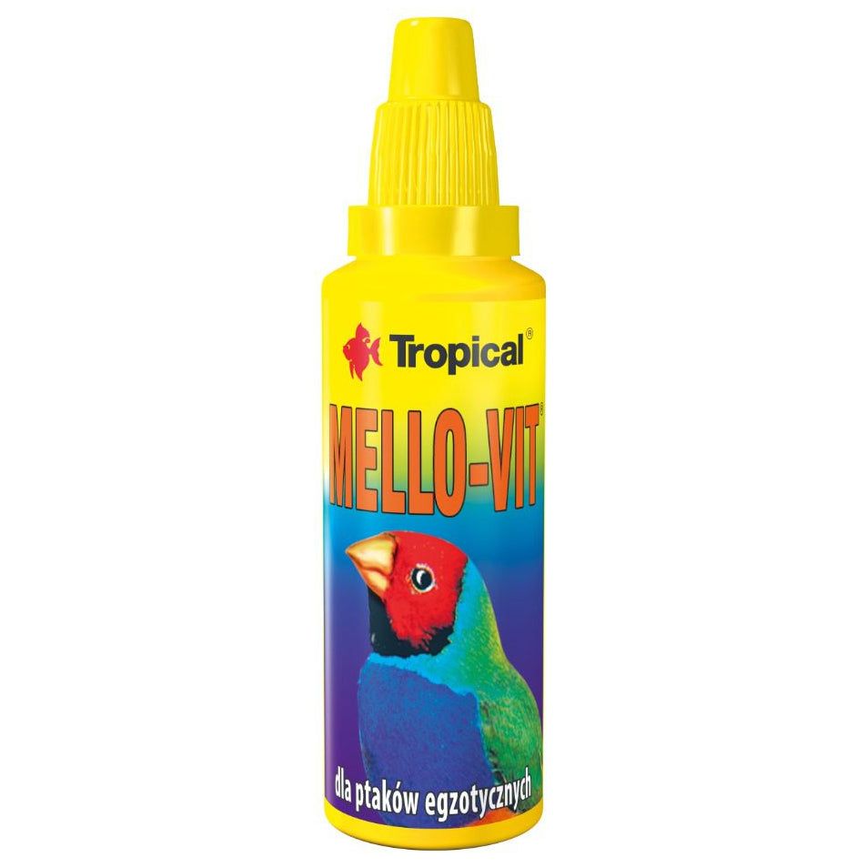 Yellow bottle of Tropical Mello-Vit with a colorful parrot illustration on a white background