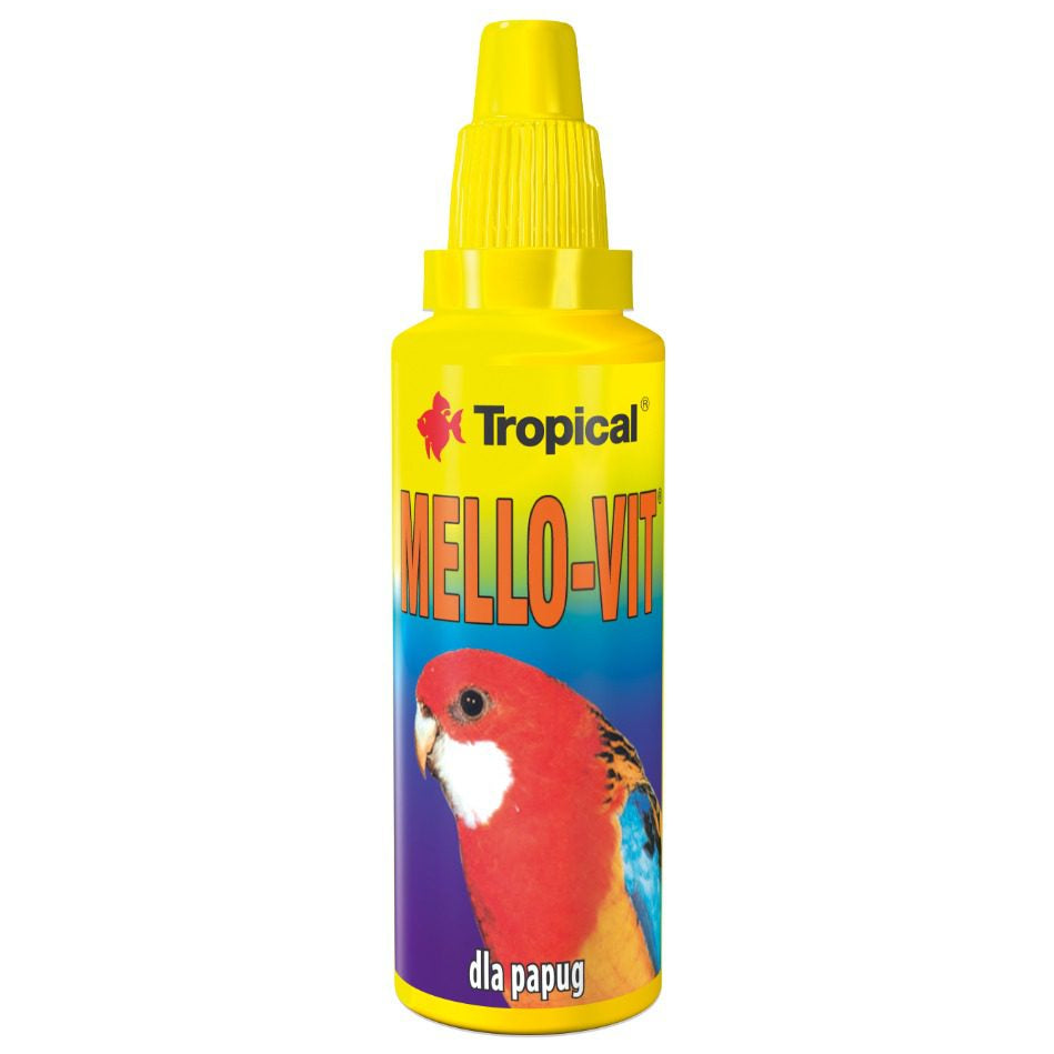 Yellow bottle of Tropical Mello-Vit for birds on a white background