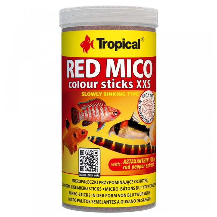 A cylindrical plastic jar of Tropical Red Mico Colour Sticks XXS slow sinking type fish food, featuring a yellow and red label with illustrations of fish.