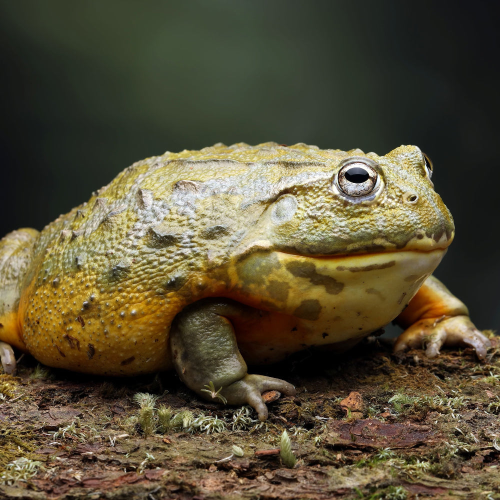 A giant African bullfrog resting on a mossy bark surface