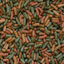 Colorful pet food pellets in green, orange, and pink.