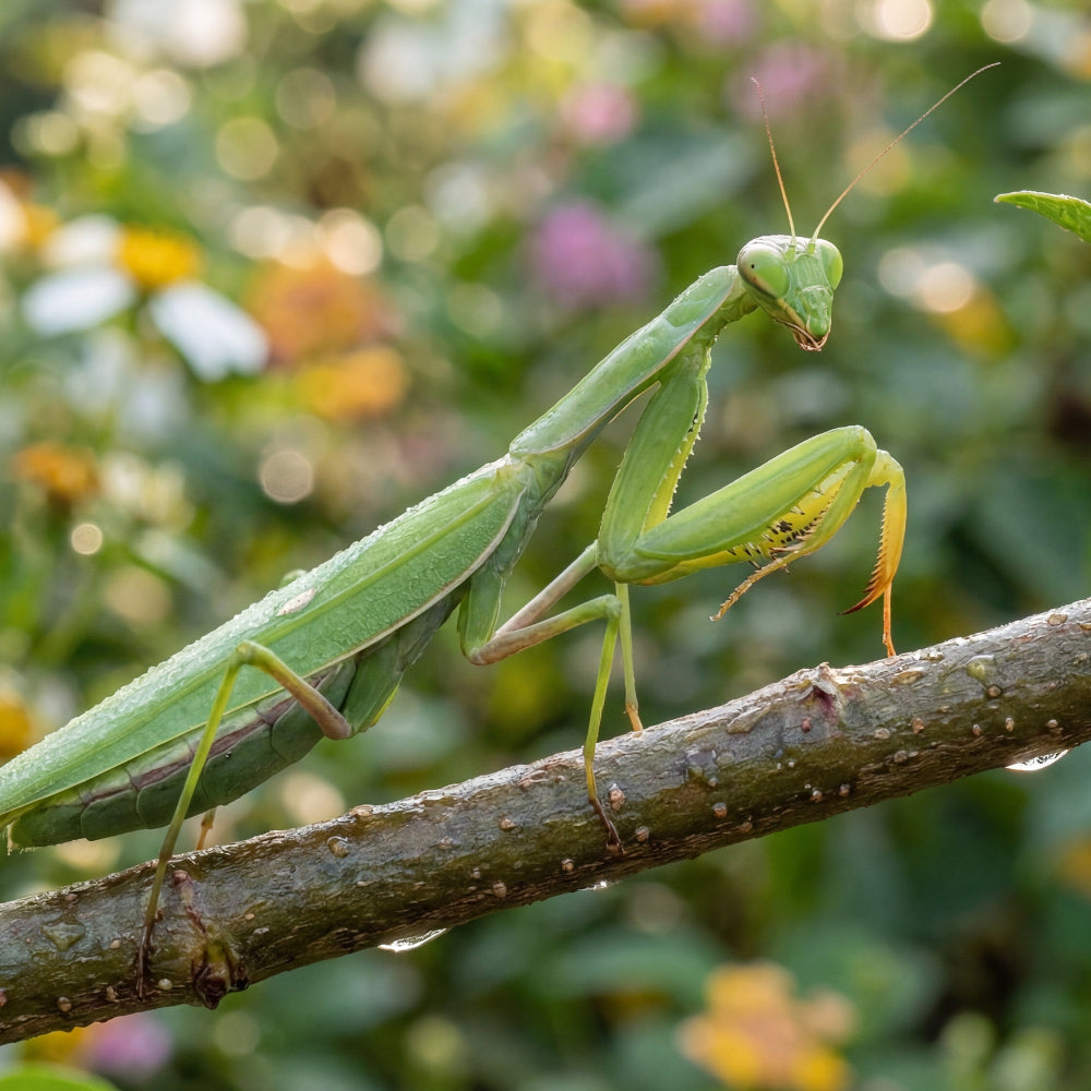 A bright green praying mantis crawling along a branch in the rain.