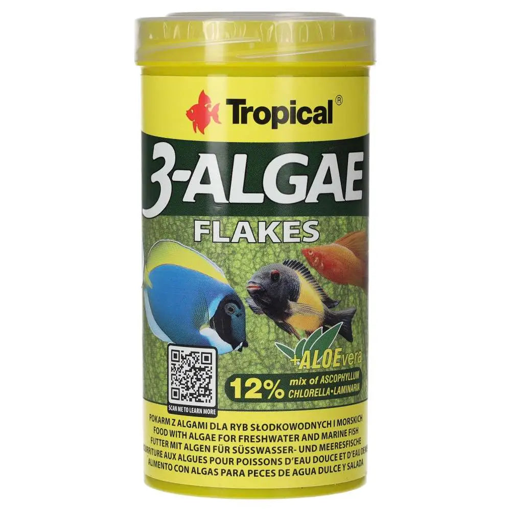 Tropical 3-Algae Flakes 250ml/50g
- yellow tub with yellow lid of fish food, front label. 