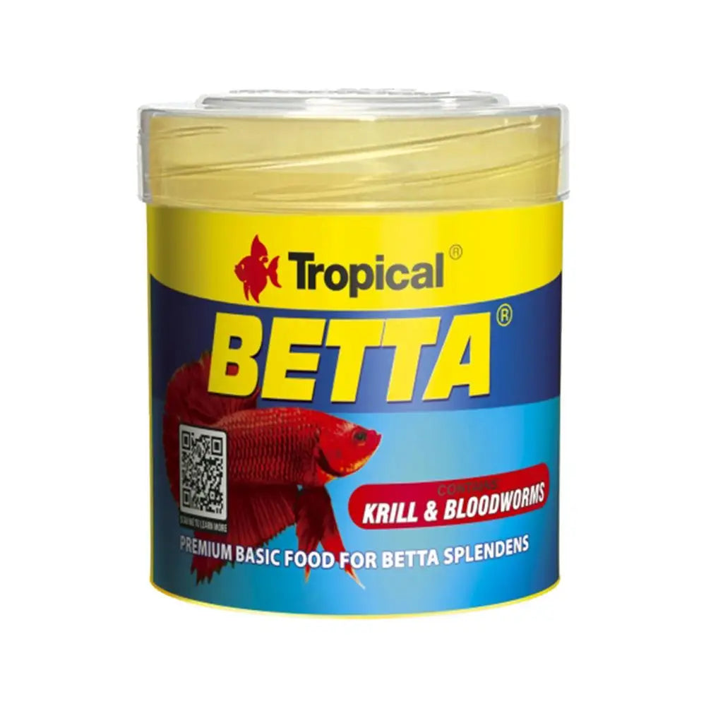 Tropical Betta can in two sizes, blue and yellow twist lid. 