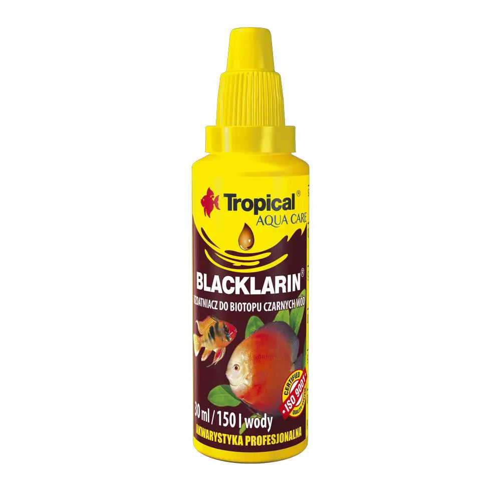 Tropical Blacklarin 30ml- Blacklarin water treatment yellow bottle with brown label and discus fish