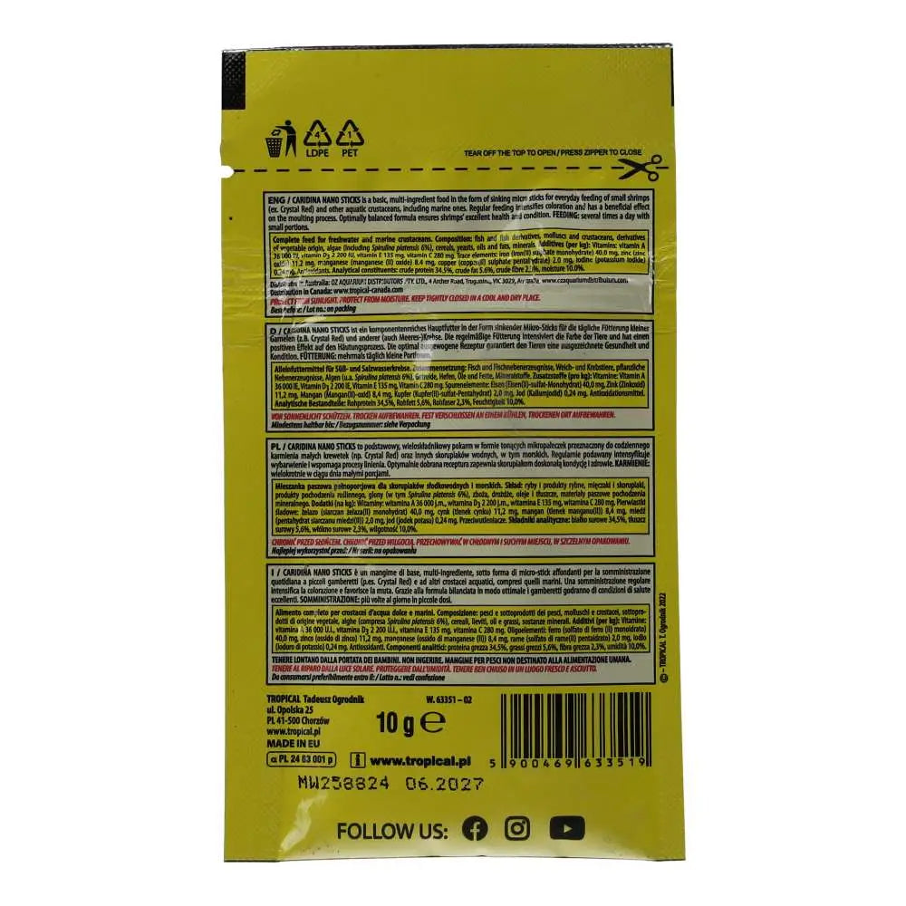 Tropical Caridina Nano Sticks 10g - Back of the packet with warning label