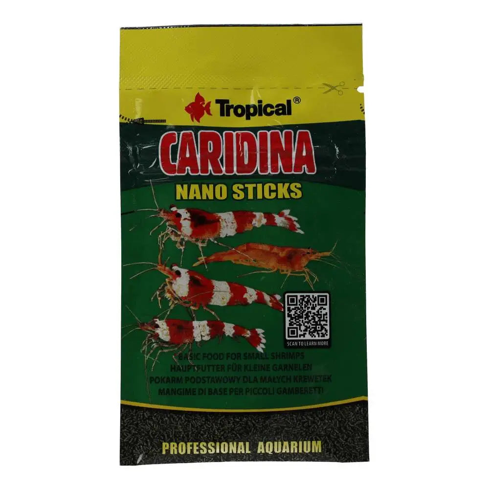 Tropical Caridina Nano Sticks 10g - front of yellow and green packet, shrimp food. 