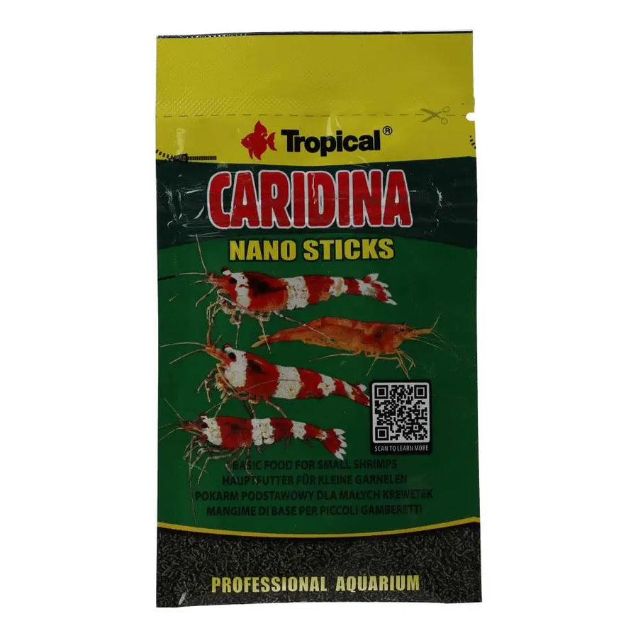 Tropical Caridina Nano Sticks 10g - front of yellow and green packet, shrimp food. 