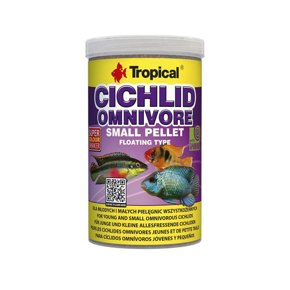 Tropical Cichlid Omnivore Small Pellet 1000ml/360g - pop off top fish food in yellow and purple