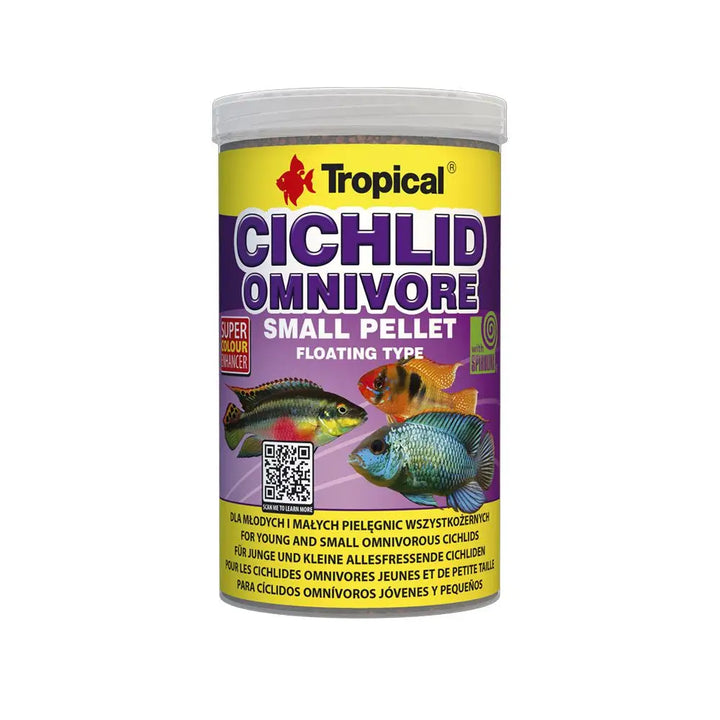 Tropical Cichlid Omnivore Small Pellet 1000ml/360g - pop off top fish food in yellow and purple