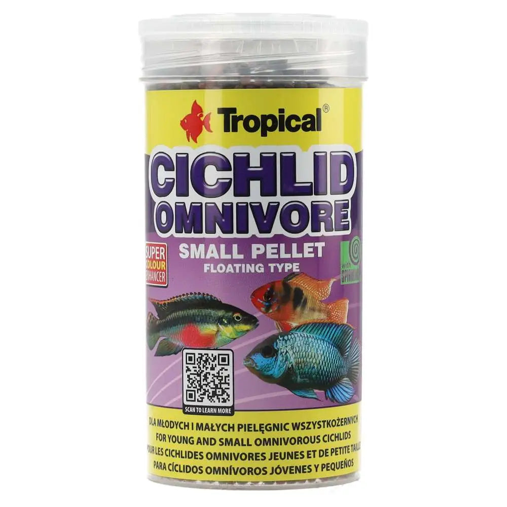 Tropical Cichlid Omnivore Small Pellet 250ml/90g - screw top fish food, front label 