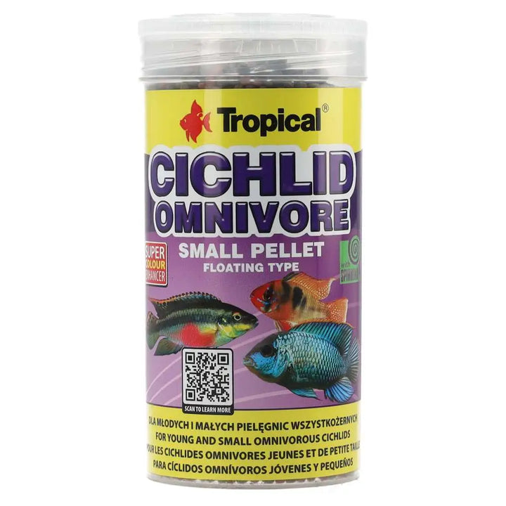 Tropical Cichlid Omnivore Small Pellet 250ml/90g - screw top fish food, front label 