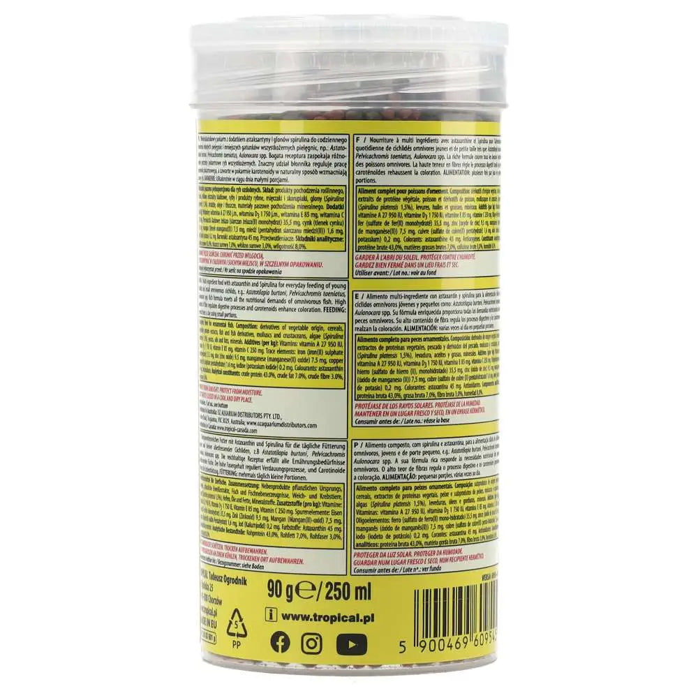 Tropical Cichlid Omnivore Small Pellet 250ml/90g - back label of fish food. 