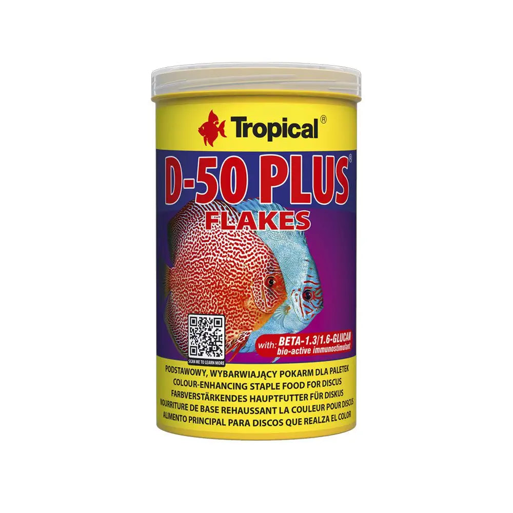 Tropical D-50 Plus 1000ml/200g - pop top discus fish food in yellow and purple with red and blue fish. 