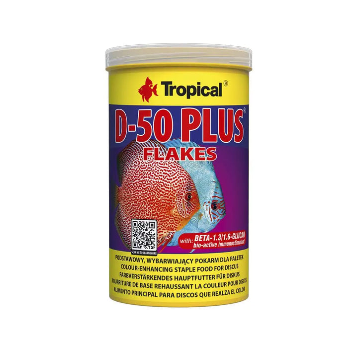 Tropical D-50 Plus 1000ml/200g - pop top discus fish food in yellow and purple with red and blue fish. 
