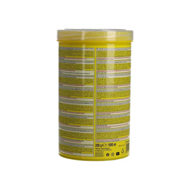 Tropical D-50 Plus 1000ml/200g- back label of yellow pot with warning labels