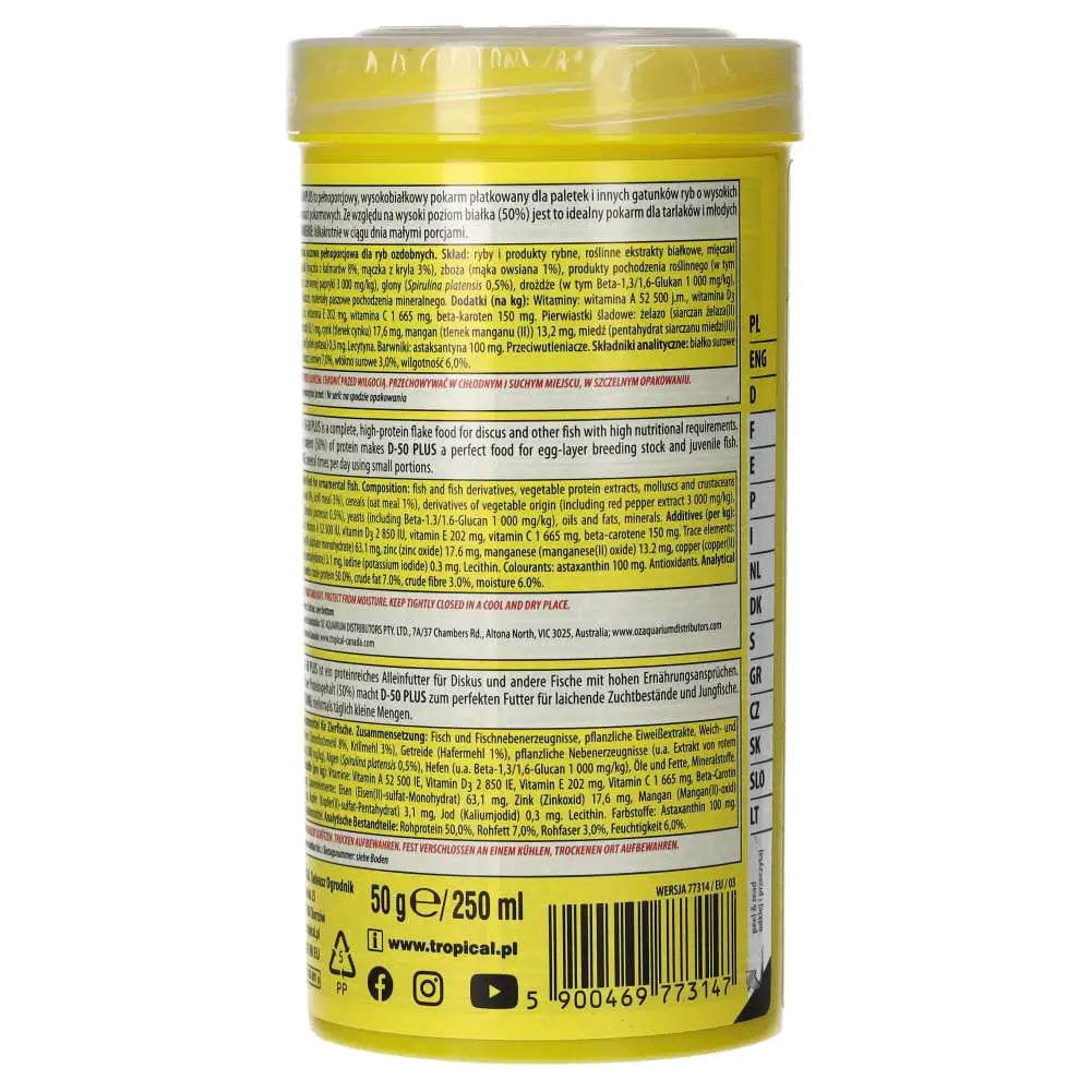 Tropical D-50 Plus 250ml/50g
 - back label showing weigh and warning labels