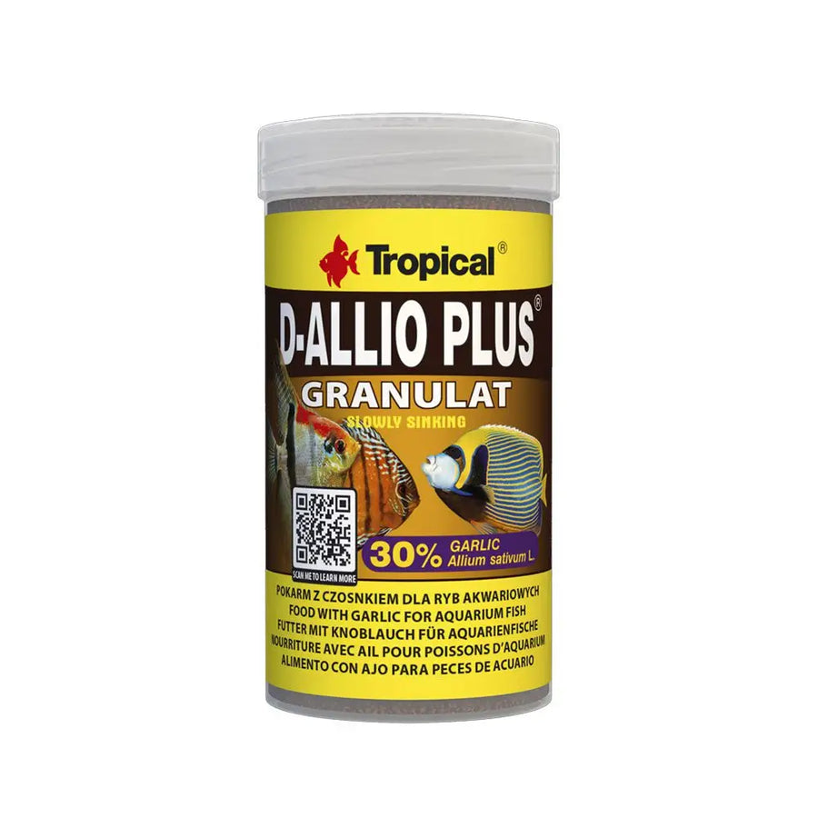 Tropical D-Allio Plus Granulat 100ml/60g tin, fish food in yellow screw top tub
