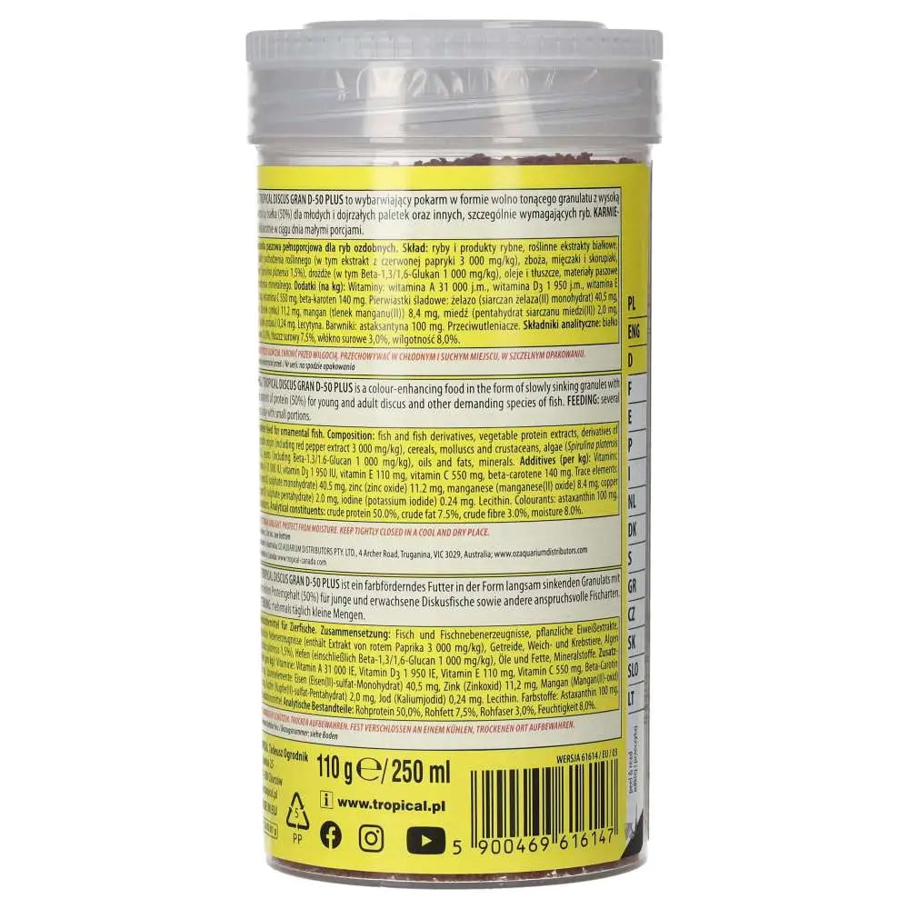 Tropical Discus Gran D-50 Plus 250ml/110g - back label with warning and weight. 