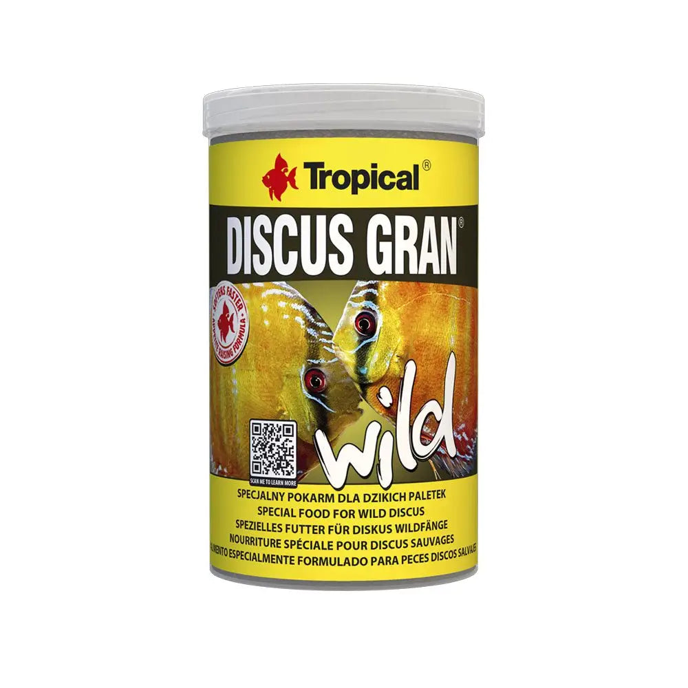 Tropical Discus Gran Wild 1000ml/440g
 - front of the pop off top fish food. 