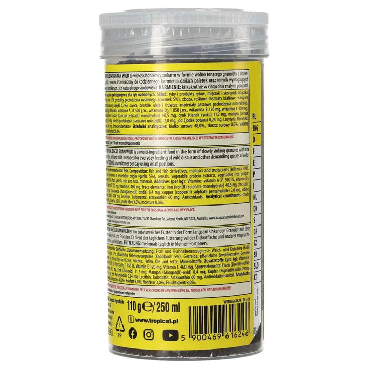 Tropical Discus Gran Wild 250ml/110g
  back label with warnings.