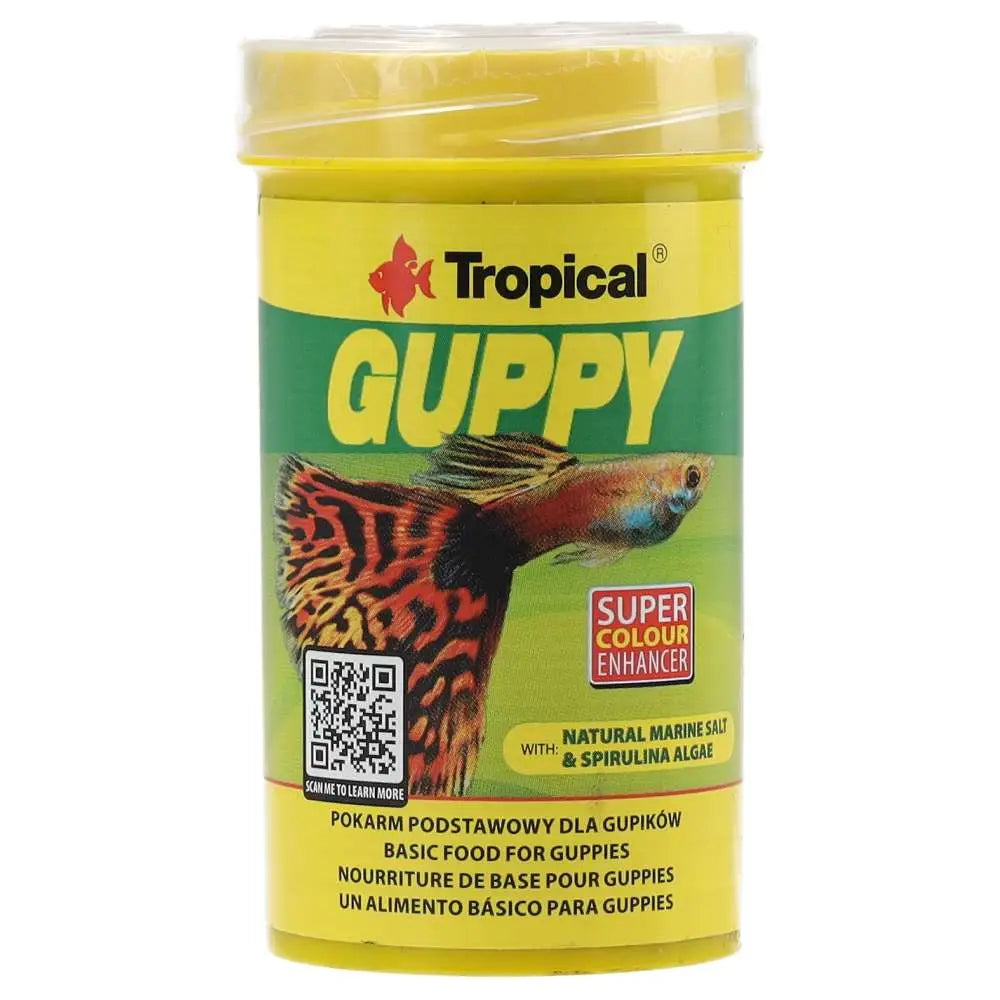 Tropical Guppy 250ml/50g- screw top yellow bottle fish food front view