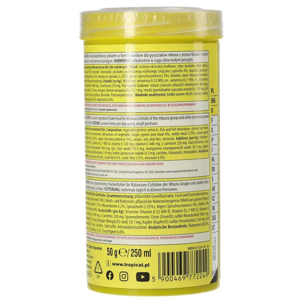 Tropical Malawi 250ml/50g
 - back label of malawi food