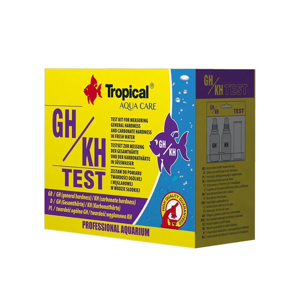 Tropical TEST GH/KH yellow and blue box with purple writing, water test. 
