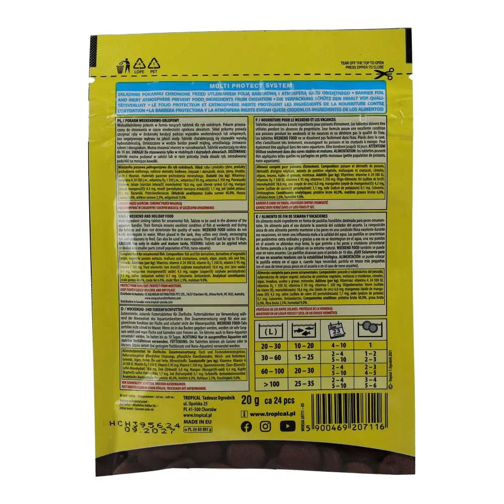Tropical Weekend Food 20g- fish food pouch, with warnings and labels. 