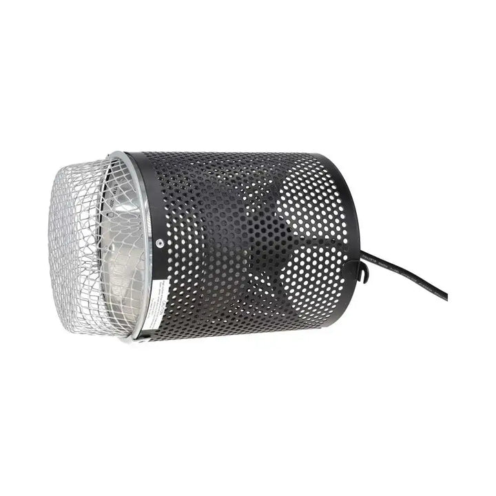 A side profile of the Midnight Black White Python 4-in-1 lamp fixture with the bulb guard attached