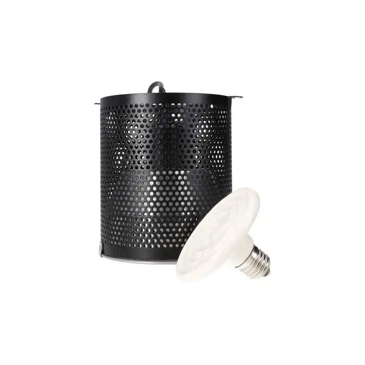 A Midnight Black White Python 4-in-1 lamp fixture unboxed beside a ceramic lamp