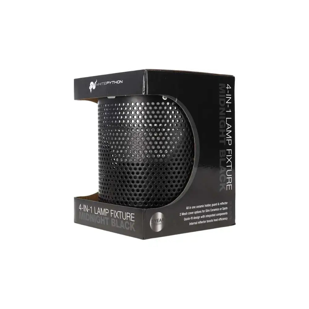 A Midnight Black White Python 4-in-1 lamp fixture facing left in its packaging