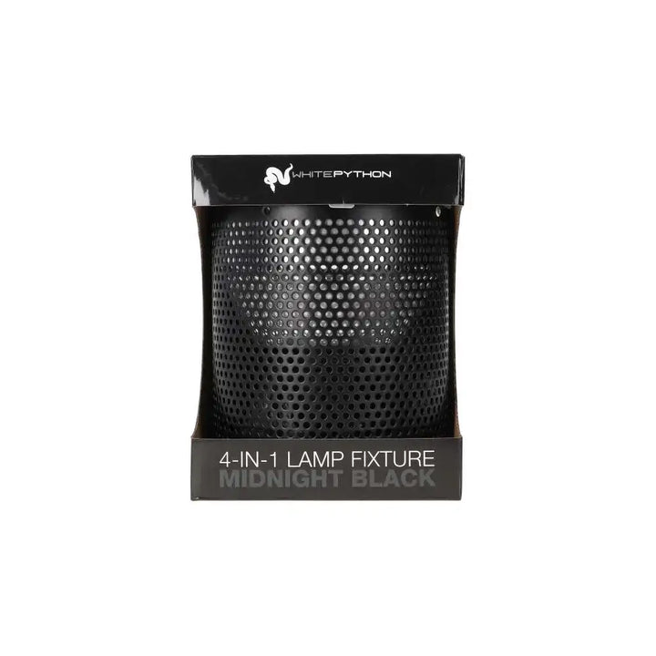 A Midnight Black White Python 4-in-1 lamp fixture facing forward in its packaging