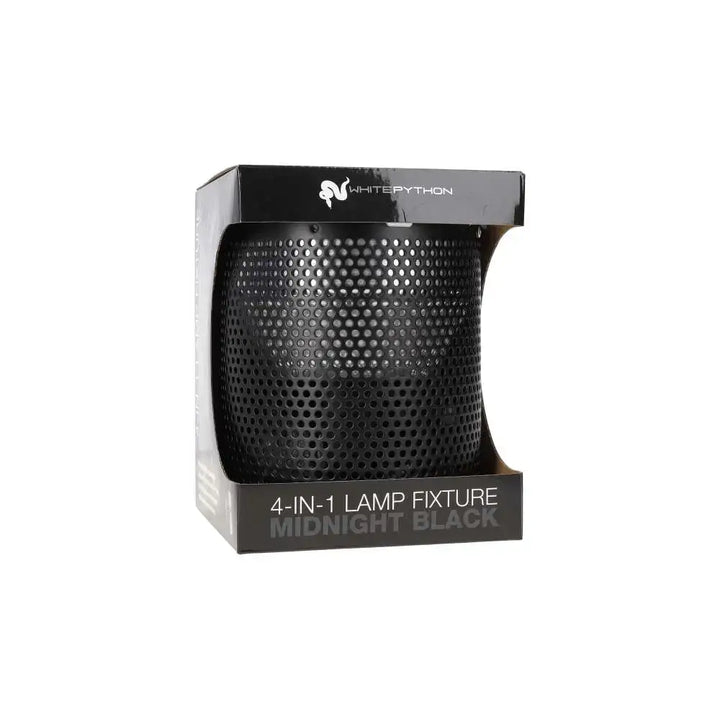 A Midnight Black White Python 4-in-1 lamp fixture facing forward in its packaging